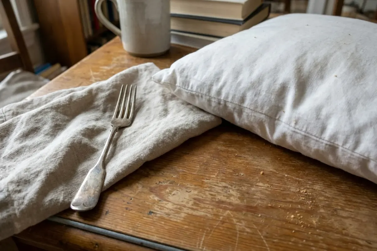 An old silver fork on a folded linen napkin next to a soft white pillow