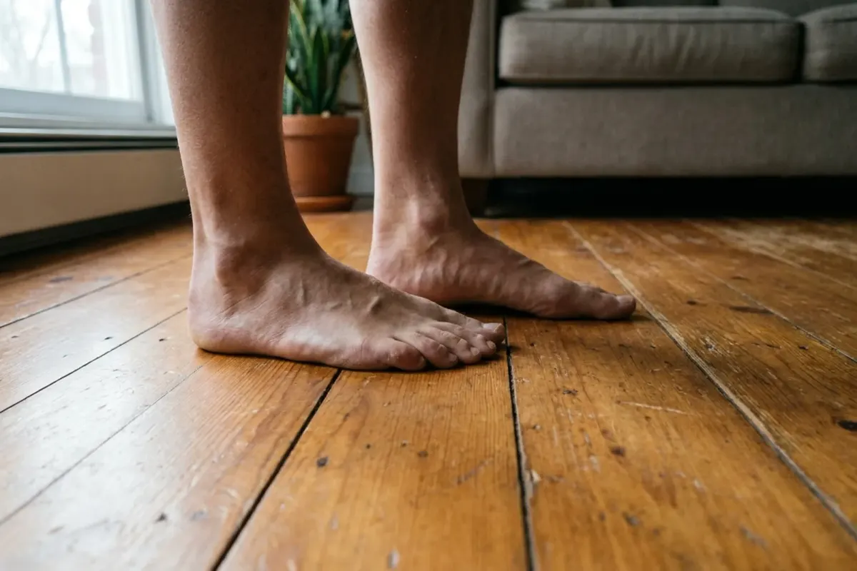 Bare feet standing on a warm wooden floor in soft daylight
