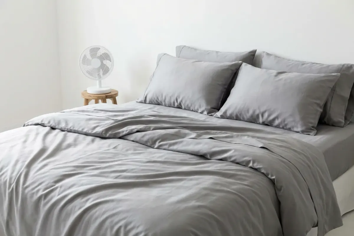 A bed with light grey sheets next to a small fan