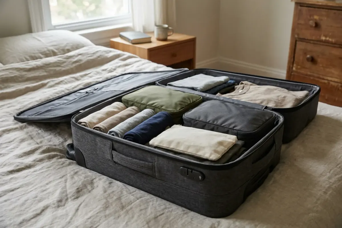 An open carry-on suitcase neatly packed with rolled clothes and packing cubes