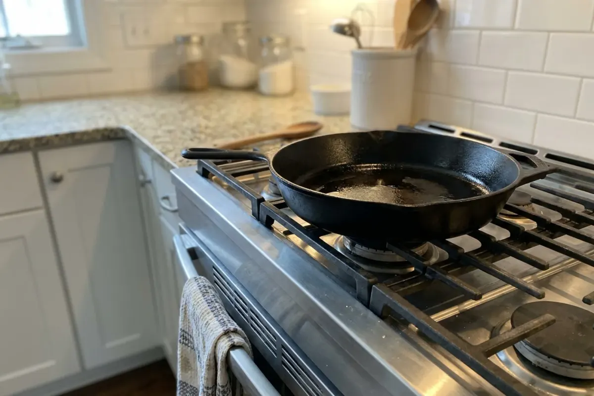 A cast-iron pan on a stovetop with a thin sheen of oil