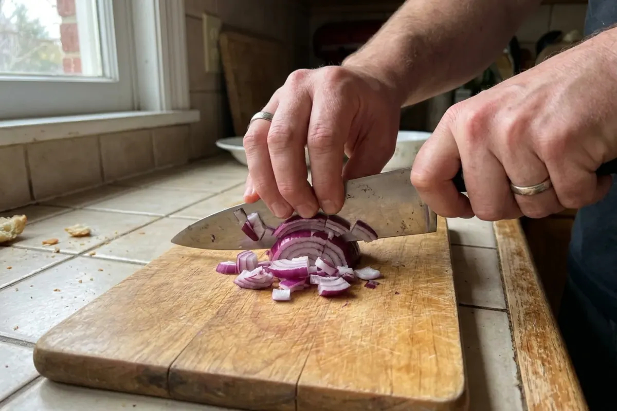 Hands chopping an onion with a chef's knife, fingertips tucked in a claw grip