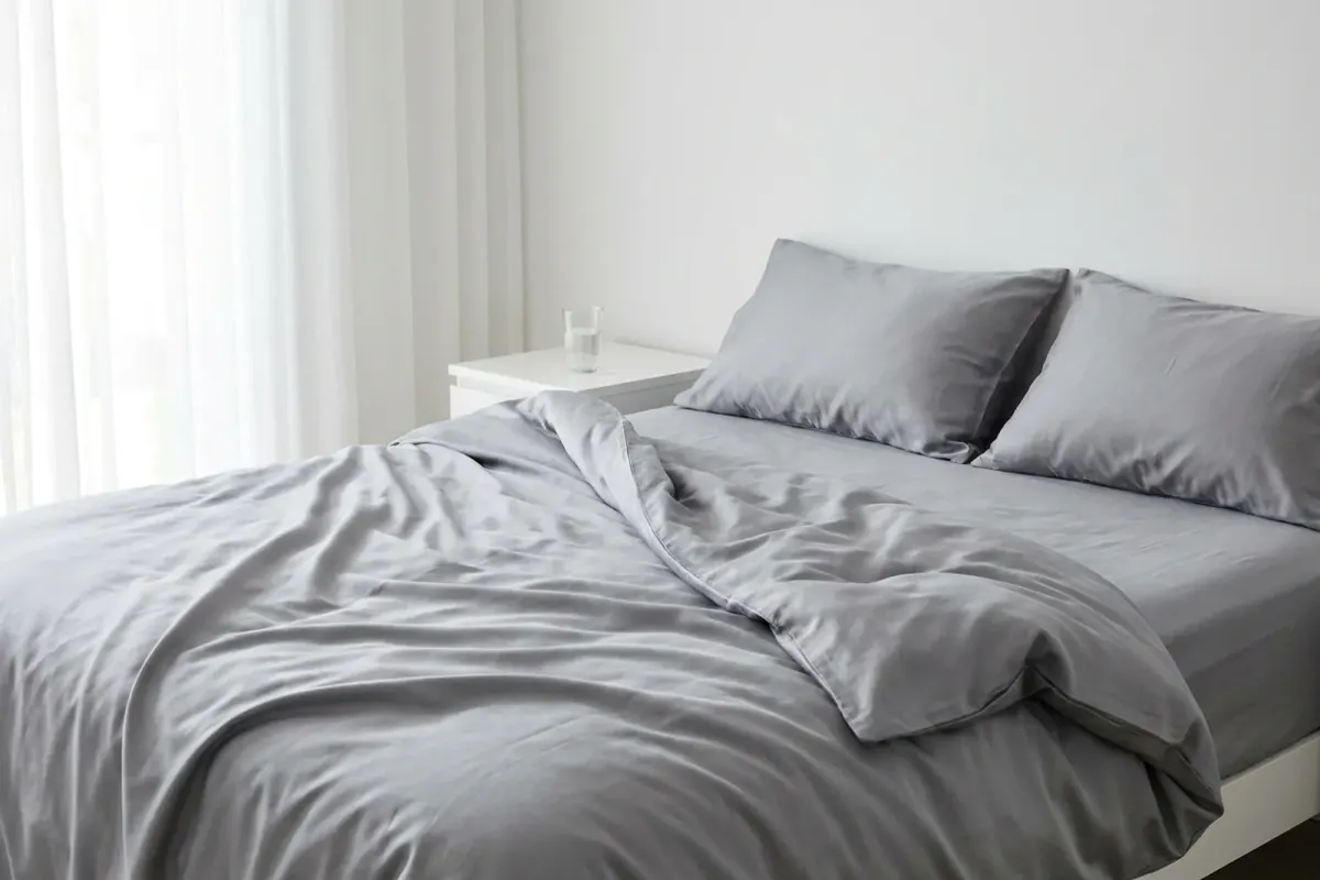 A bed with light grey sheets turned back in soft morning light
