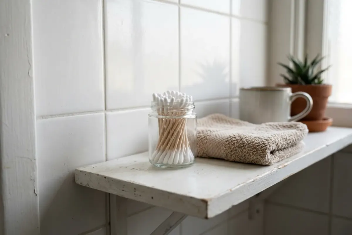 A glass jar of cotton swabs on a white bathroom shelf