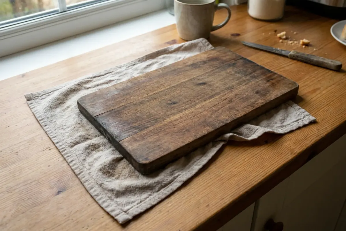 A wooden cutting board resting on a folded damp cloth on a counter