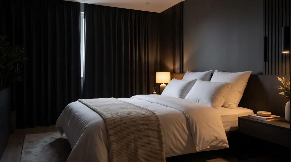 A dark bedroom with blackout curtains drawn and one warm bedside lamp