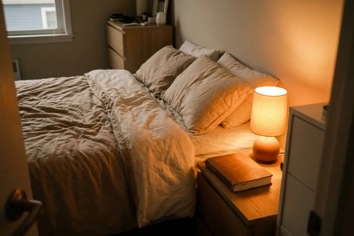 A cozy bedroom at night, lit by a warm bedside lamp next to an unmade bed
