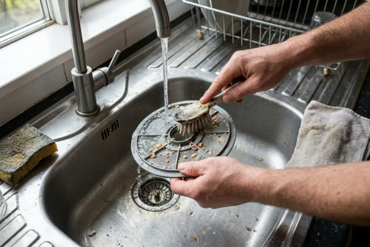 Hands scrubbing a part under the tap at a kitchen sink, with a sponge on the edge