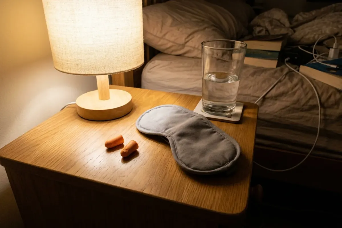 Earplugs, an eye mask and a glass of water on a bedside table