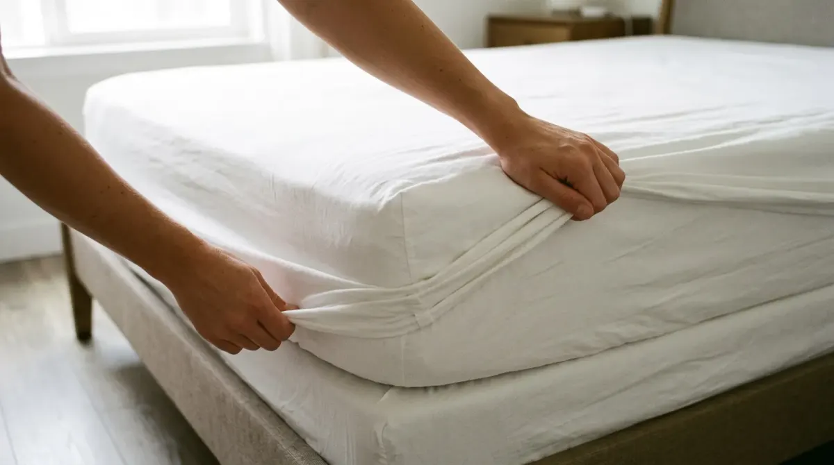 Hands stretching a white fitted sheet over the corner of a mattress