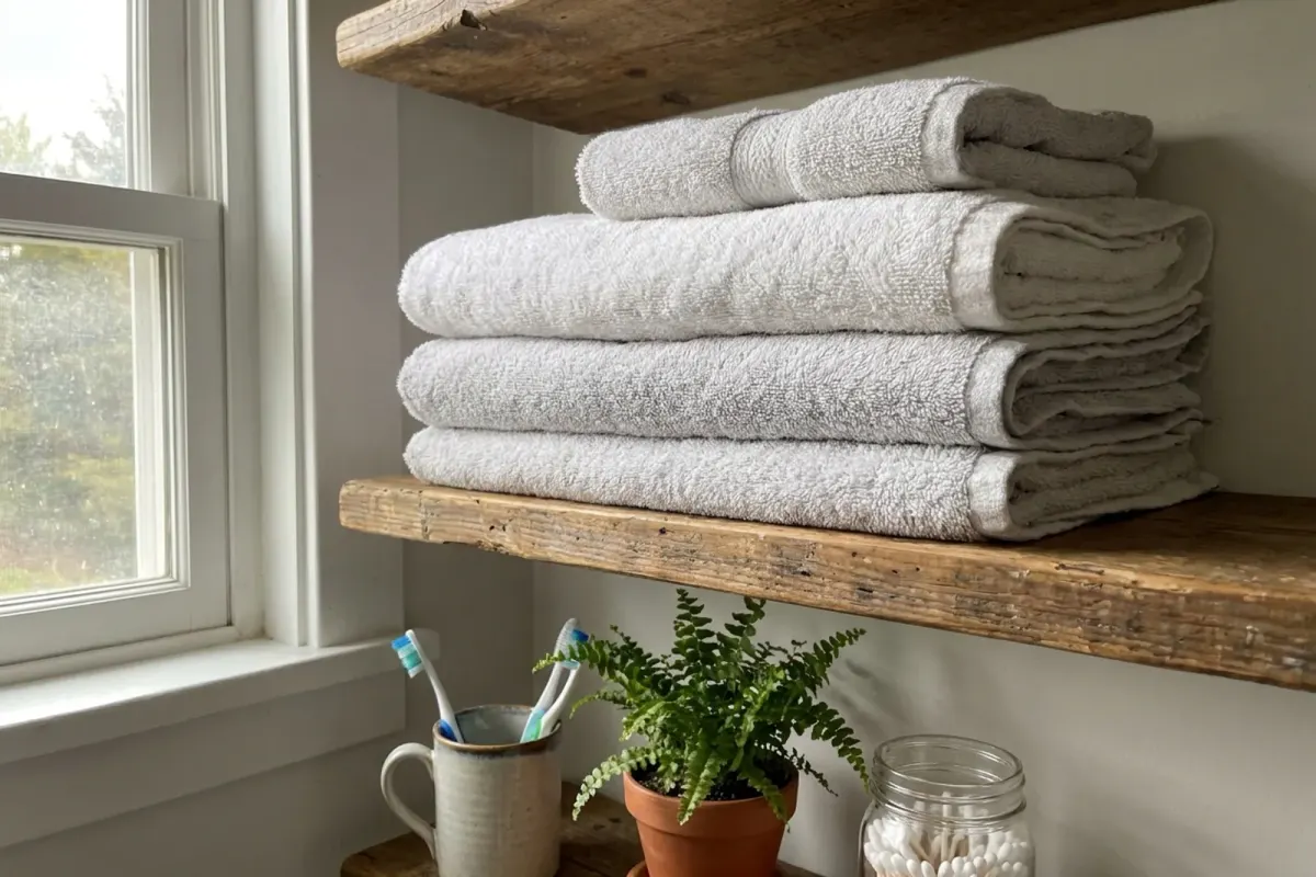A stack of soft, fluffy white and grey bath towels on a bathroom shelf