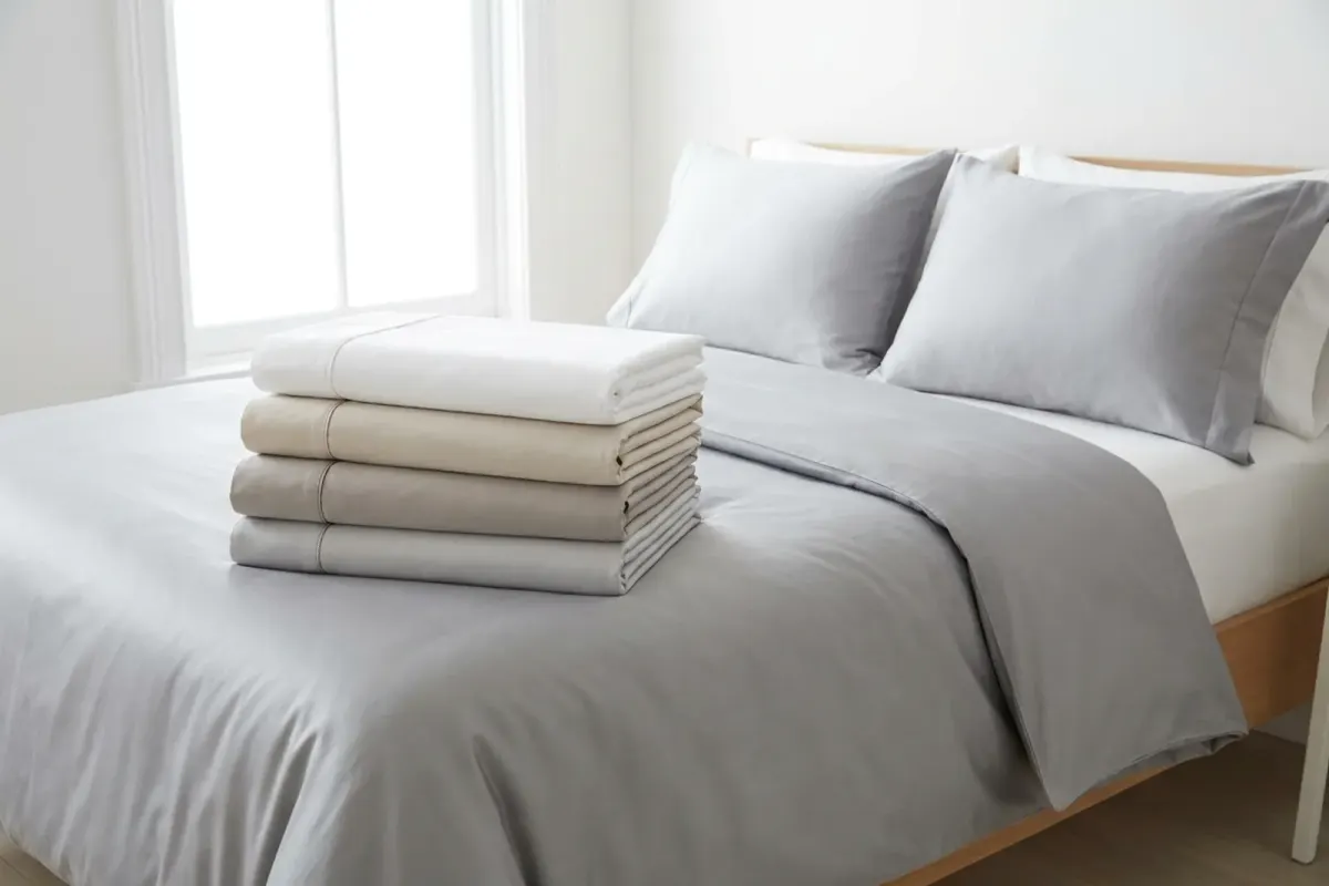 A stack of folded sheet sets in white, sand, stone and grey on the end of a bed