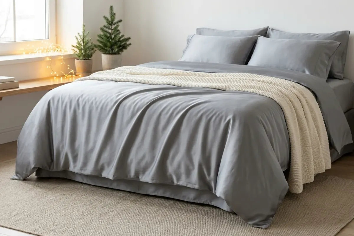 A cozy guest bedroom with a made bed in grey sheets, a knitted throw and string lights on the windowsill