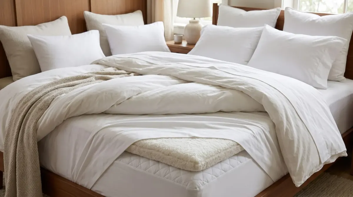 The layers of a hotel bed: mattress protector, soft topper, white sheets, duvet and pillows