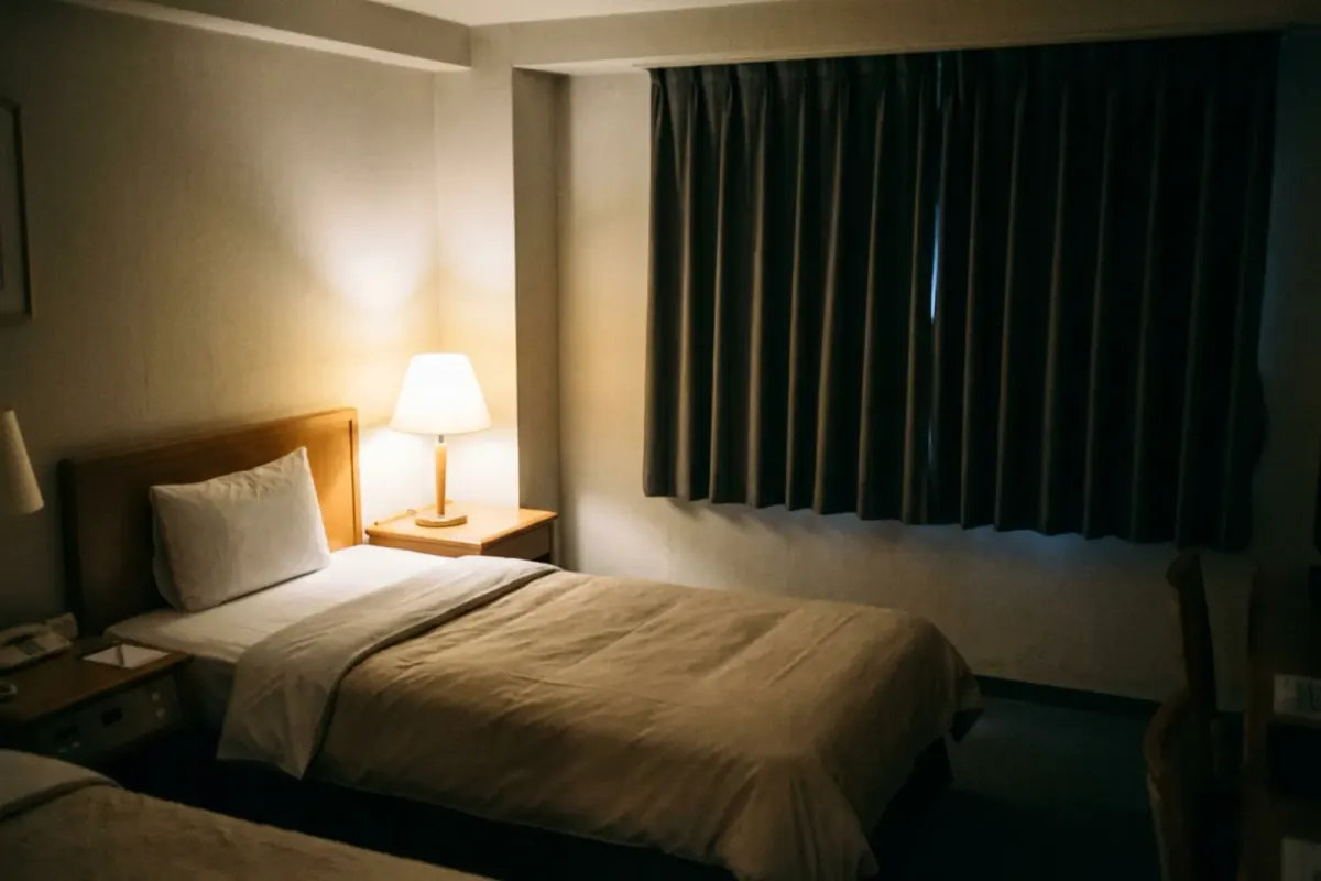 A neatly made bed in a quiet hotel room at night with one bedside lamp on