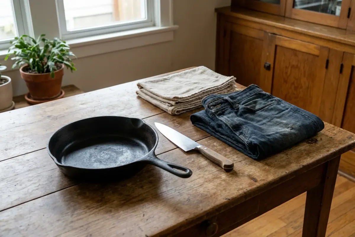 A cast-iron pan, a chef's knife, folded towels and a pair of jeans laid out on a wooden table