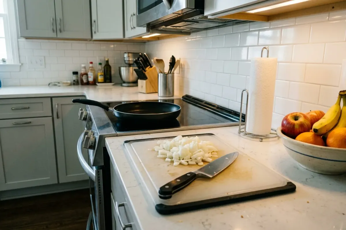 A chef's knife and chopped onion on a plastic cutting board, with a nonstick pan on the stove behind