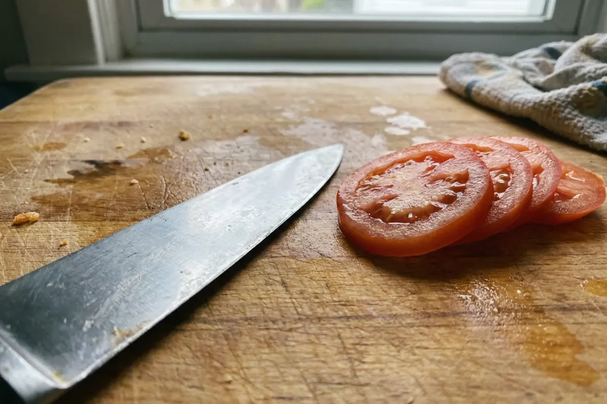 A close-up of a thin, sharp knife edge on a wooden cutting board