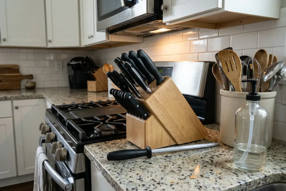 A wooden knife block next to the stove with a honing steel lying in front of it