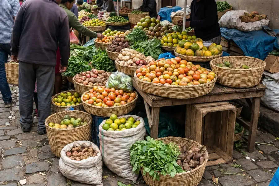 Fresh produce piled on a busy market stall abroad