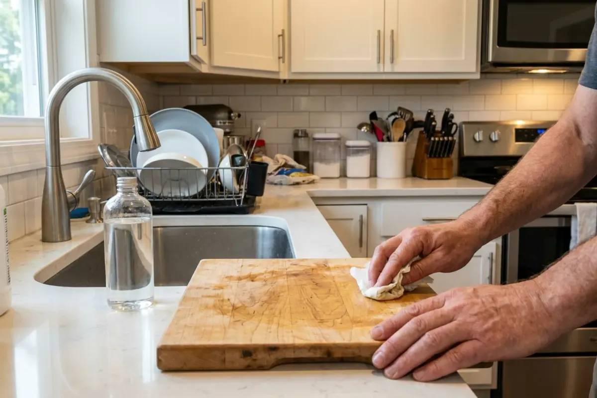 Hands rubbing oil into a worn wooden cutting board with a paper towel