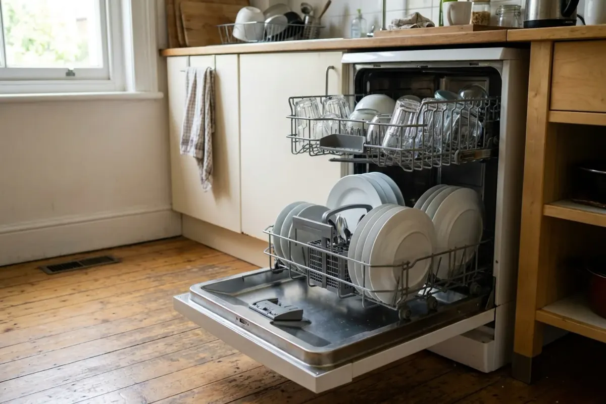 An open dishwasher neatly loaded with plates, bowls and glasses