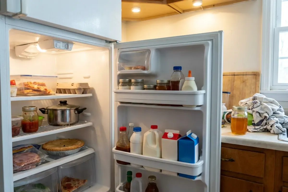 An open home refrigerator with leftovers, eggs, soup and a pie inside