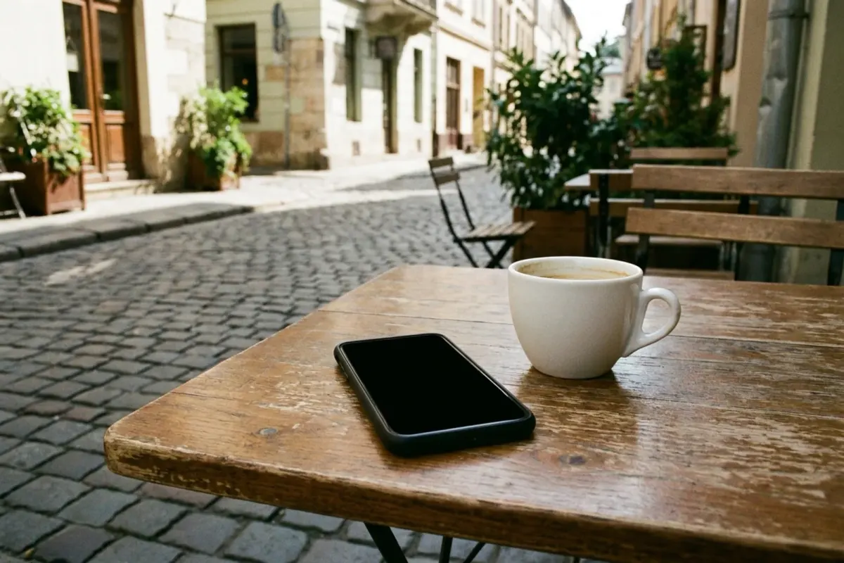 A smartphone and a cup of coffee on a cafe table on a sunny street abroad