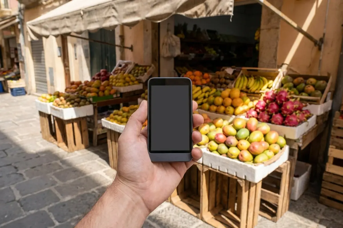 A small handheld translator device held over a fruit stall at an outdoor market