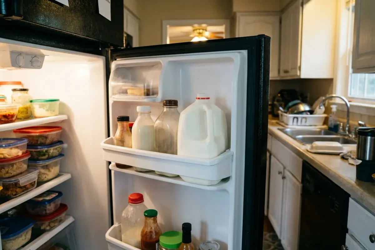An opened jug of milk on the door shelf of a home fridge