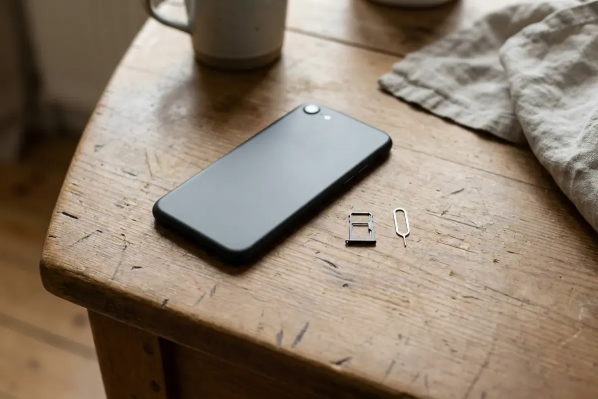 A small SIM card tray and ejector tool next to a smartphone on a table