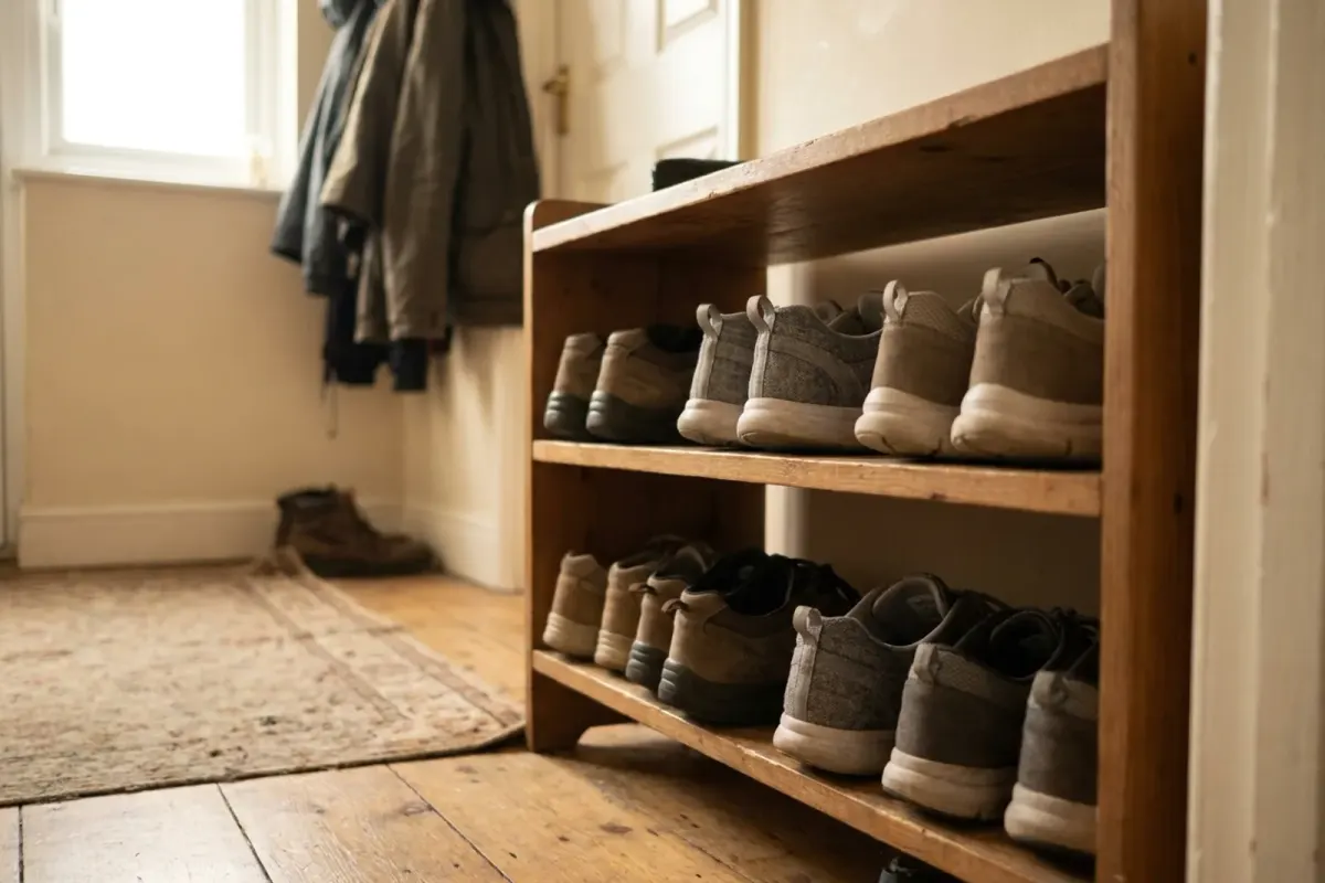 A row of supportive walking shoes on a wooden shoe rack
