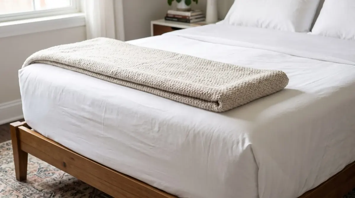 A bed made with white sheets and a knitted throw folded at the foot