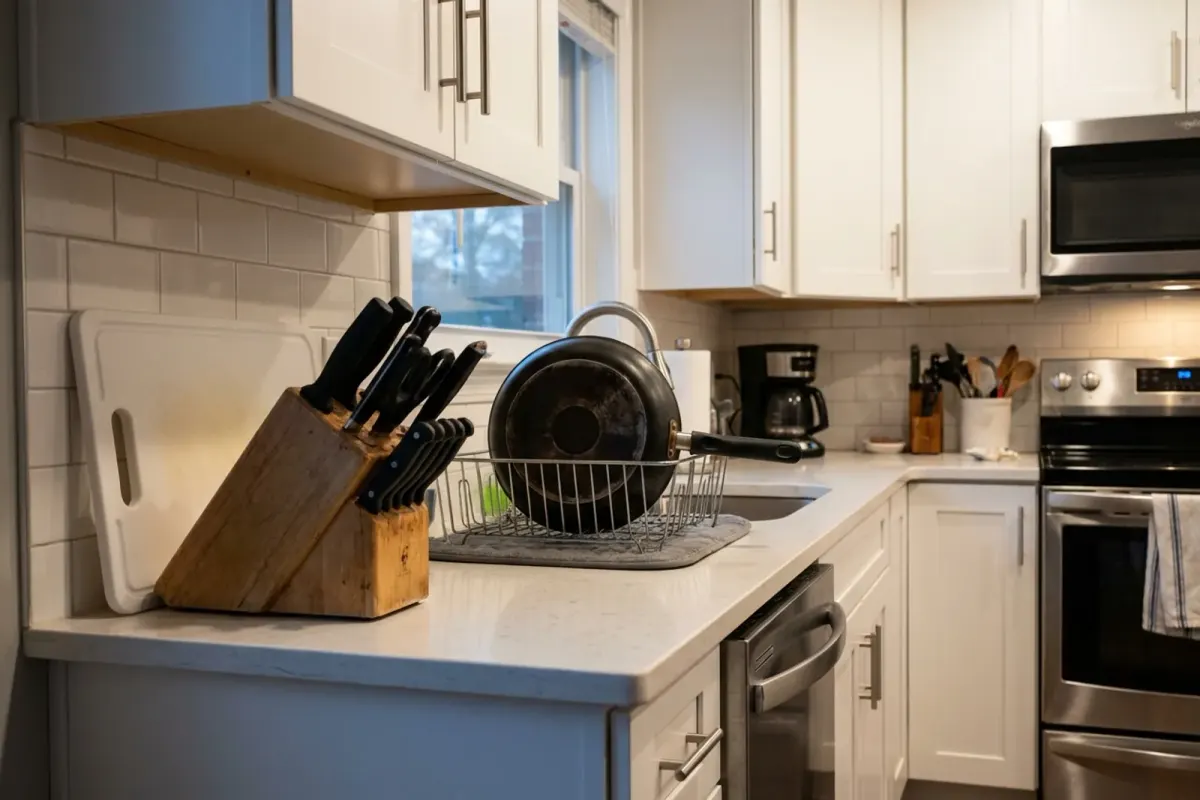 A tidy counter with a knife block, a cutting board drying upright and a pan in the dish rack