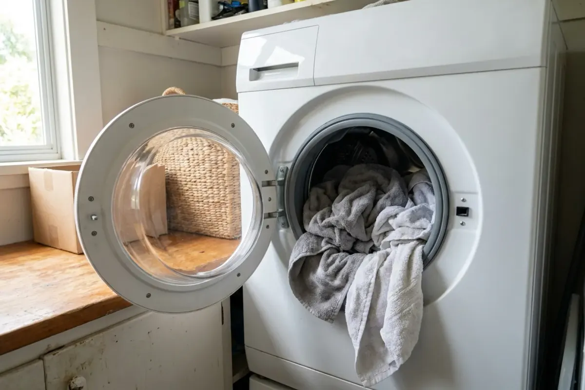 Grey and white towels inside an open washing machine drum