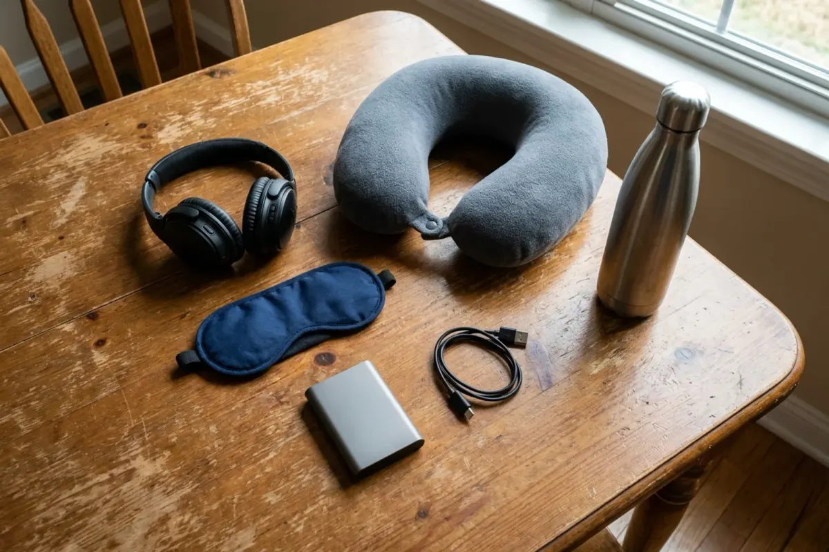 Headphones, an eye mask, a neck pillow, a power bank and a water bottle laid out on a table