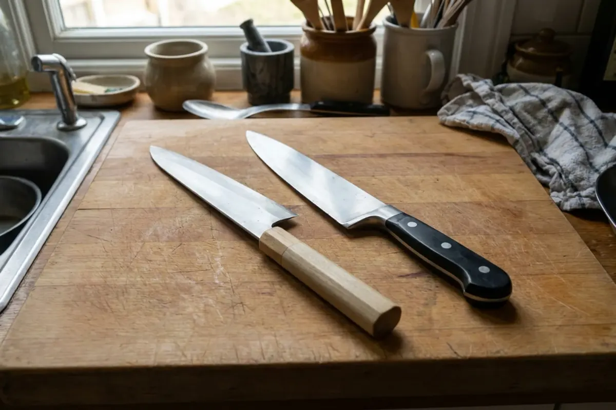 A thin Japanese-style chef's knife and a heavier German-style chef's knife side by side on a wooden board