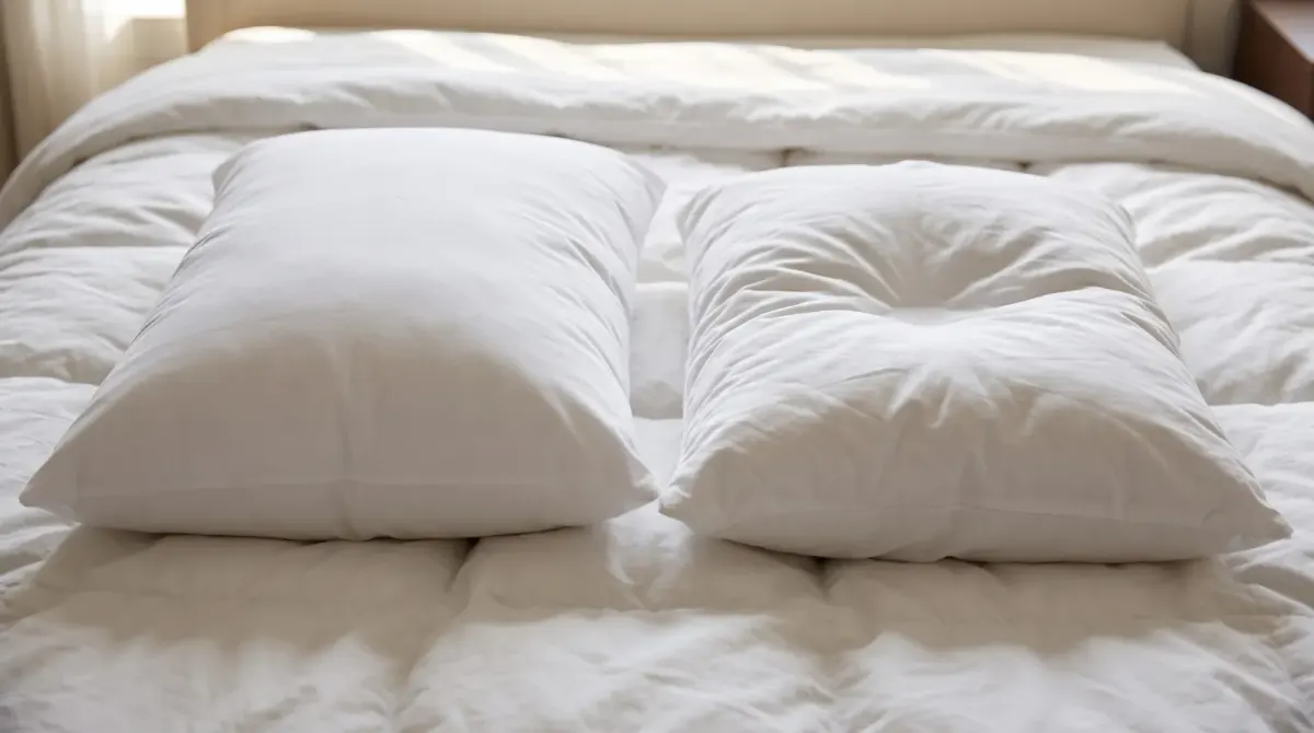 Two white sleeping pillows, one firmer and one softer, on a white duvet