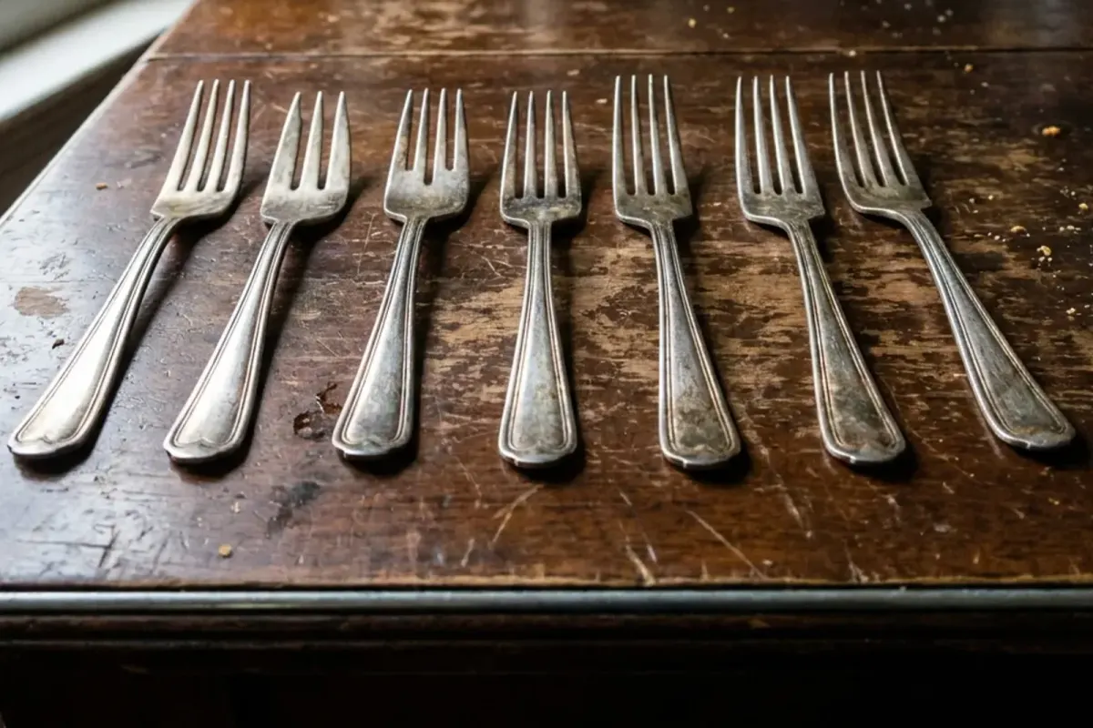A row of old silver forks on a dark wooden table